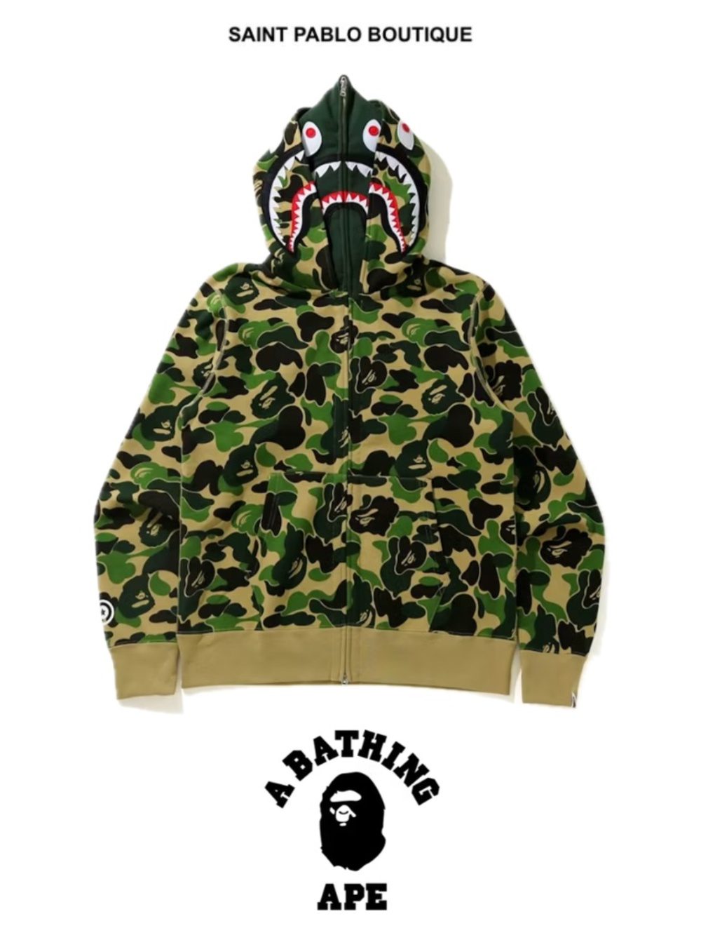 BAPE SS21 Green 'Big ABC Camo Shark' Wide Full Zip Double Hoodie